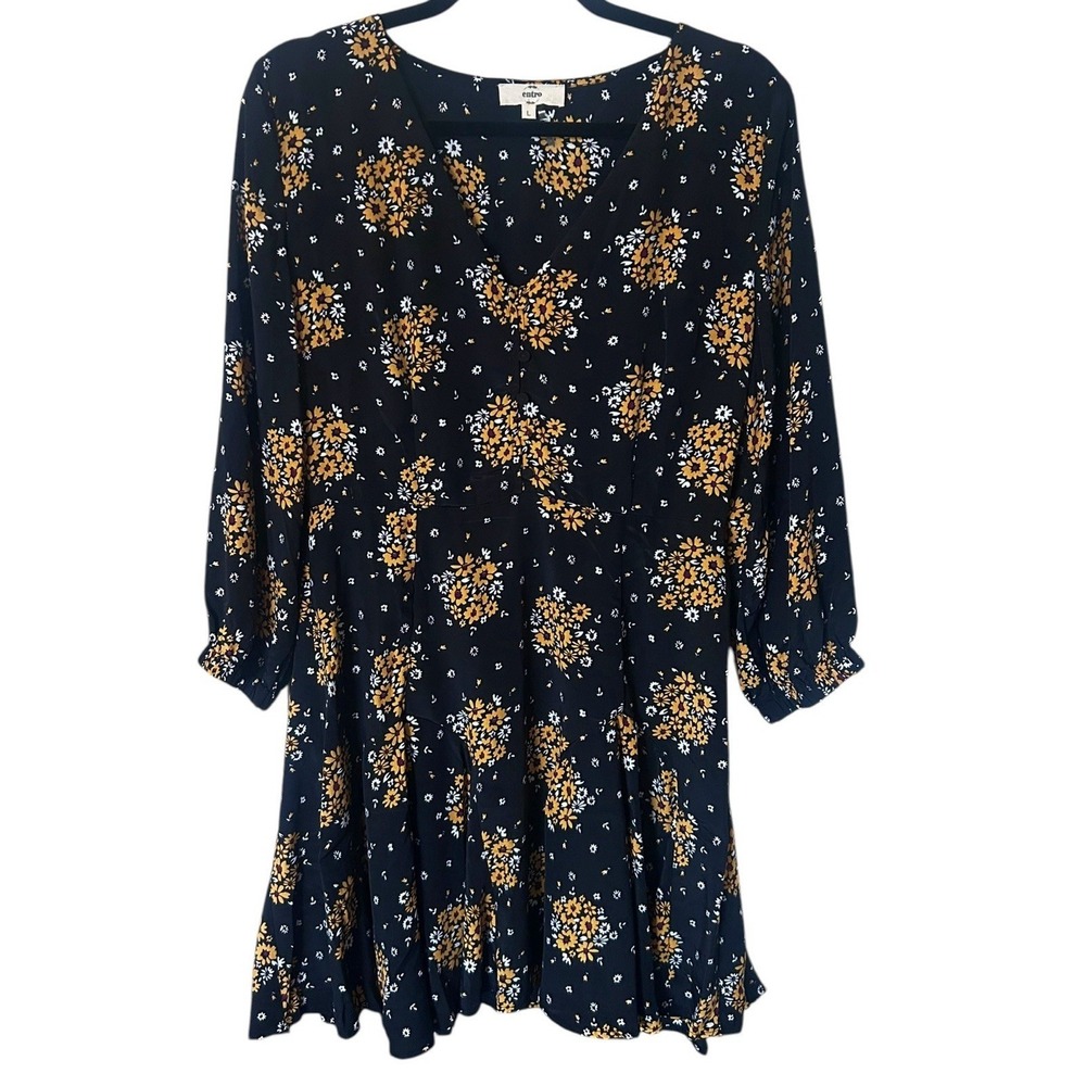 Entro Mini Dress Ditsy‎ Yellow Floral V-Neck Large Festival Boho Chic Flirty
